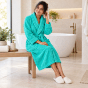 Aqua robe on a limestone spa bench-2