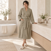 Editorial taupe bathrobe in bright limestone bathroom-2